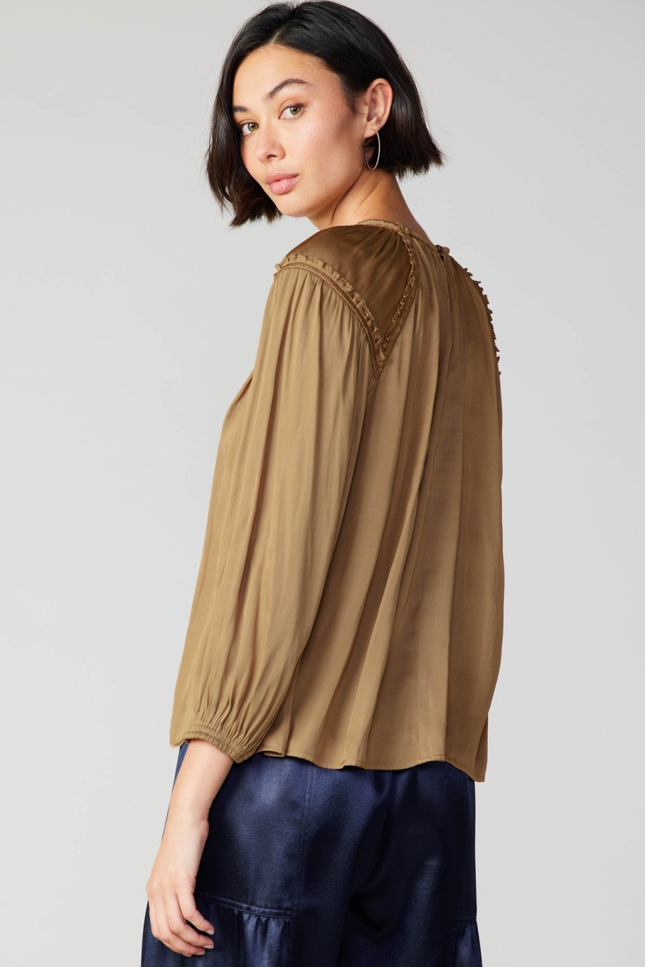 CURRENT AIR Round Neck Ruffled Top Long Sleeve Tops