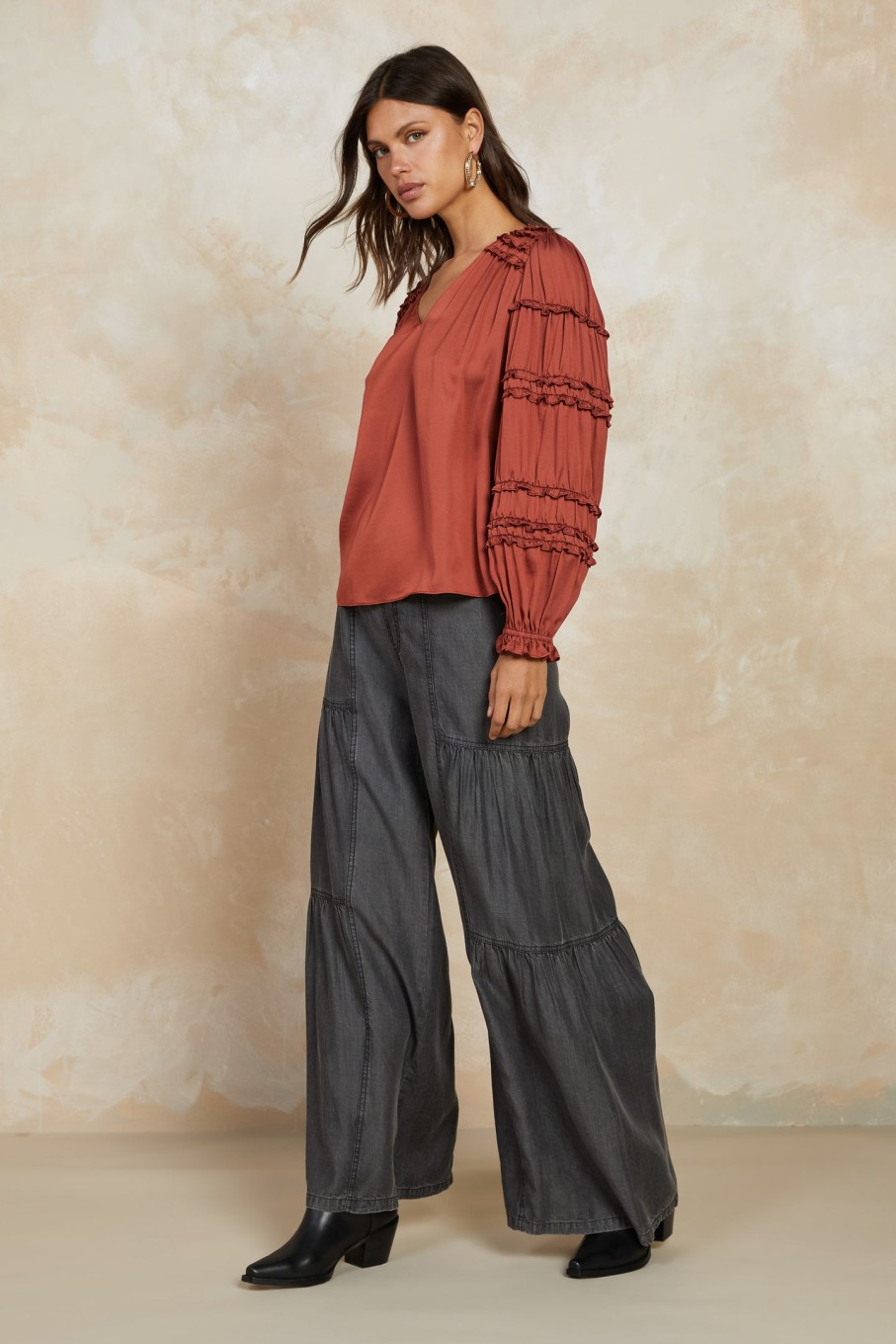 CURRENT AIR Ruffled V Neck Blouse Blouses