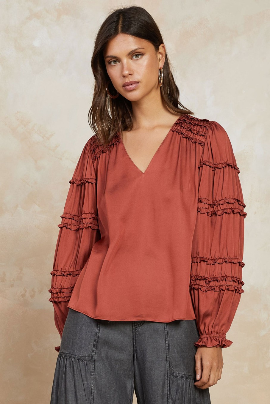 CURRENT AIR Ruffled V Neck Blouse Blouses