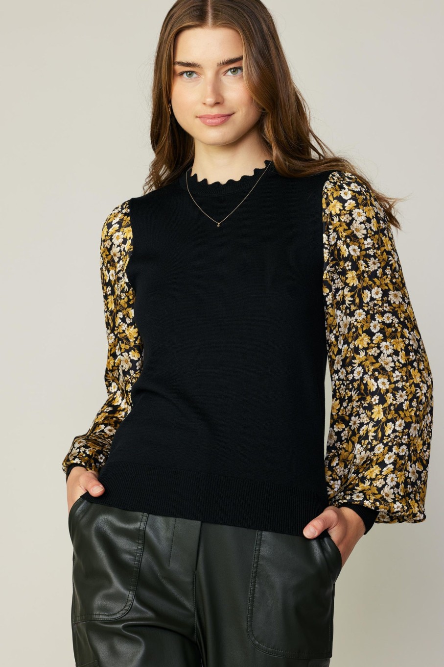 CURRENT AIR Floral Contrast Sweater Top Long Sleeve Tops