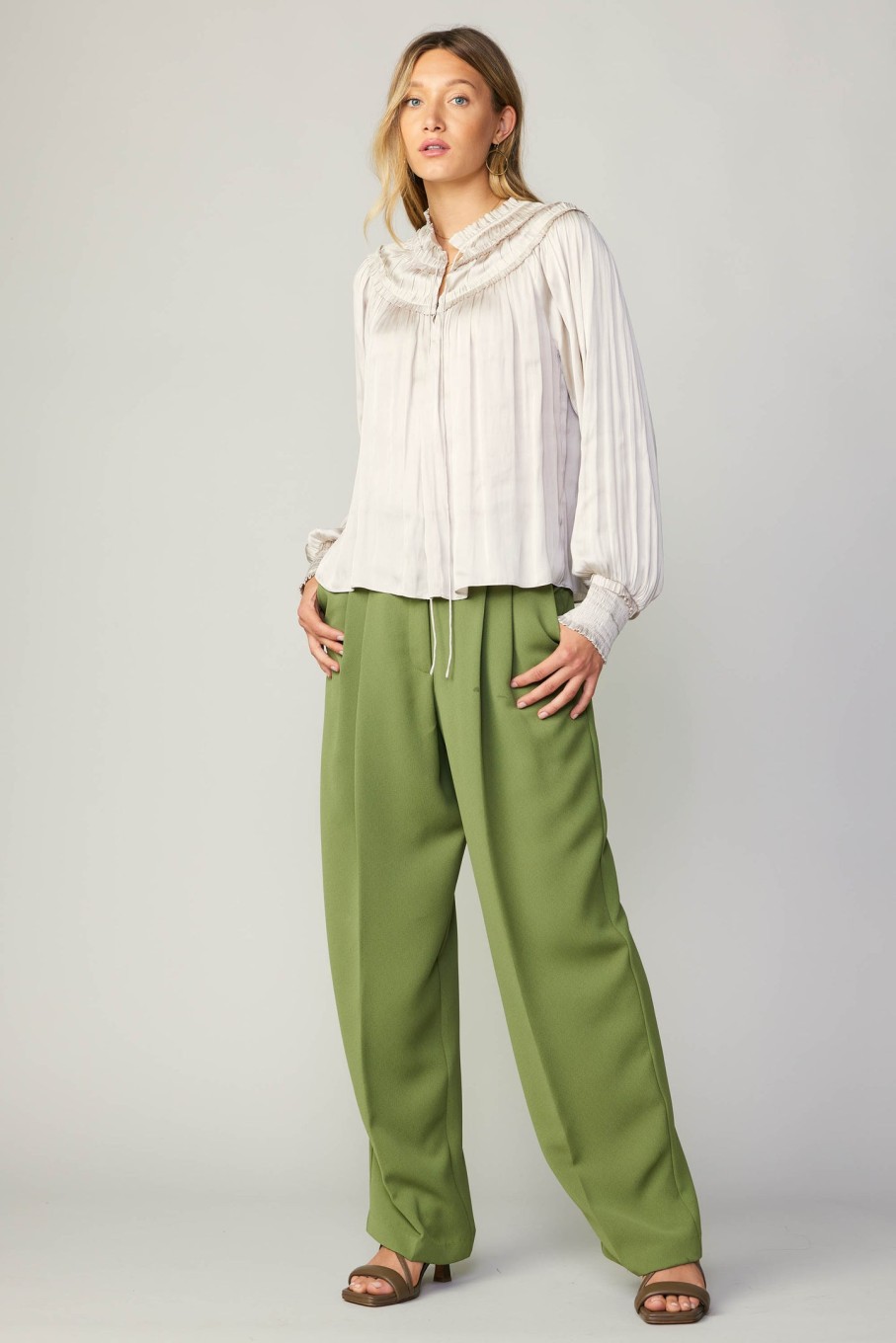 CURRENT AIR Ruffled Yoke Blouse Long Sleeve Tops