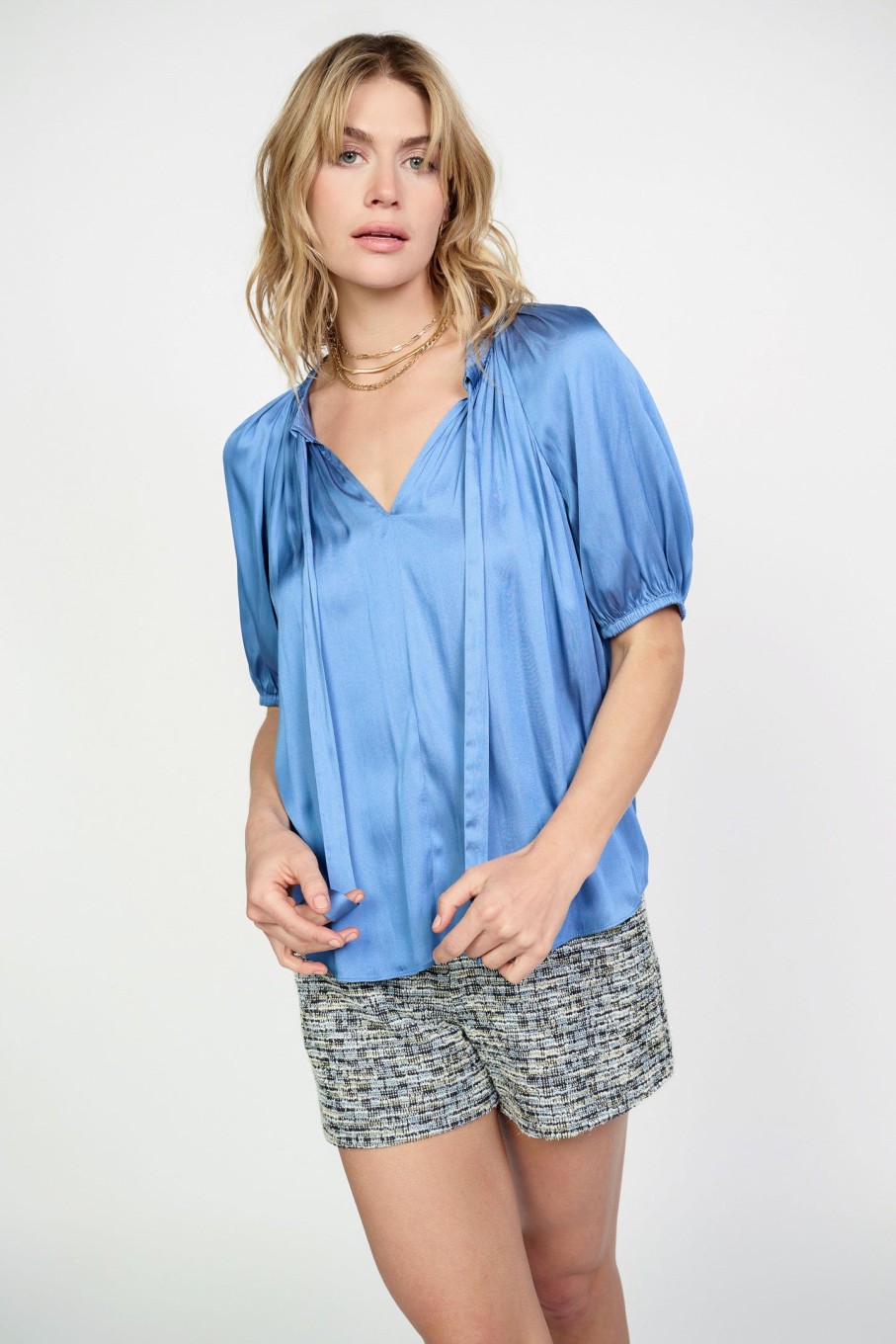 CURRENT AIR Tie Neck Short Sleeve Top Short Sleeve Tops