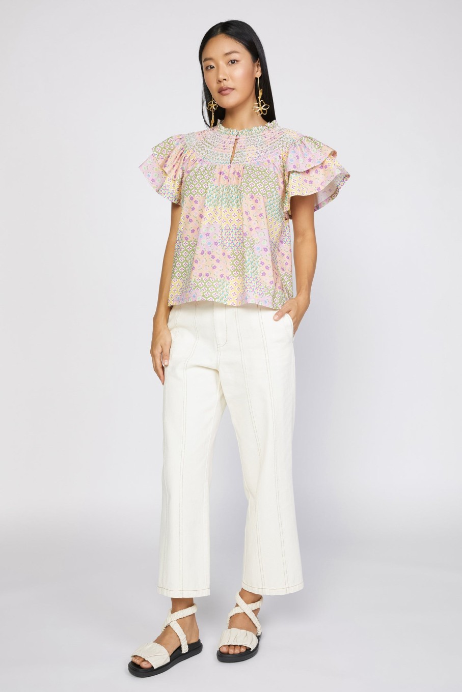 CURRENT AIR Patchwork Flutter Sleeve Top Short Sleeve Tops