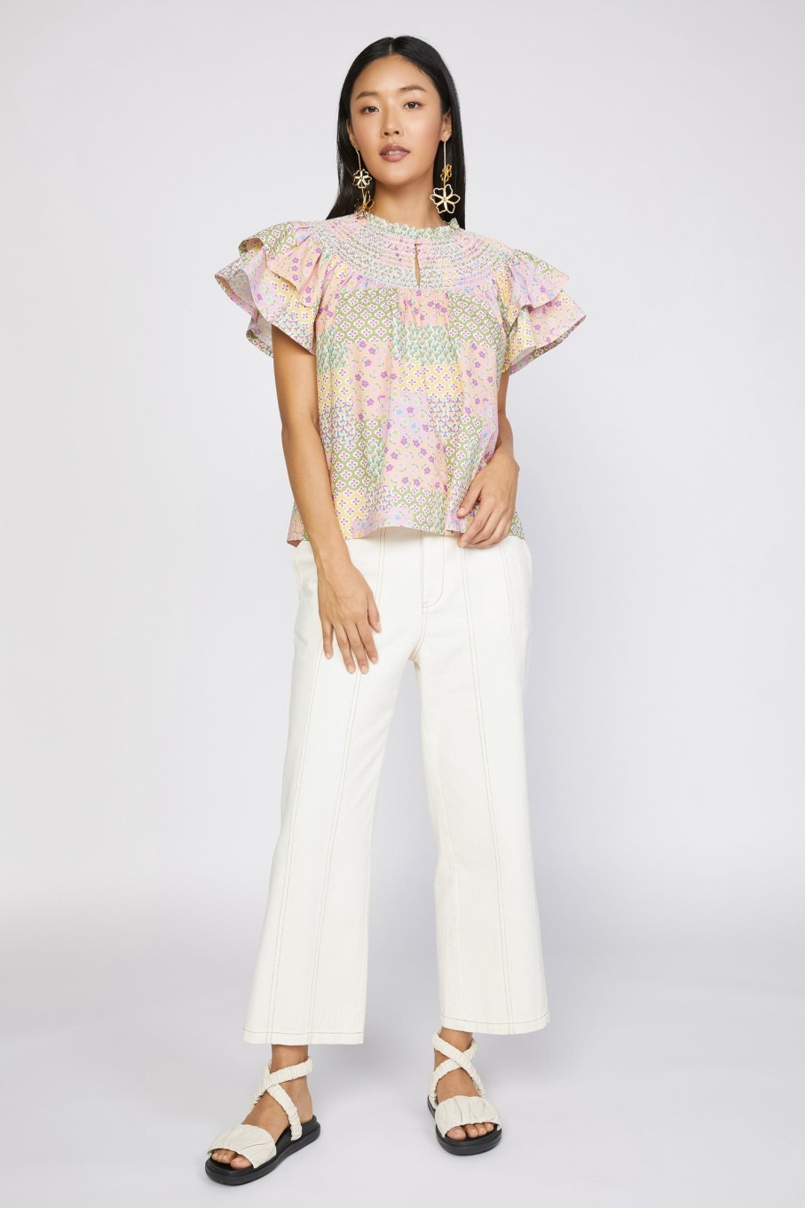 CURRENT AIR Patchwork Flutter Sleeve Top Short Sleeve Tops