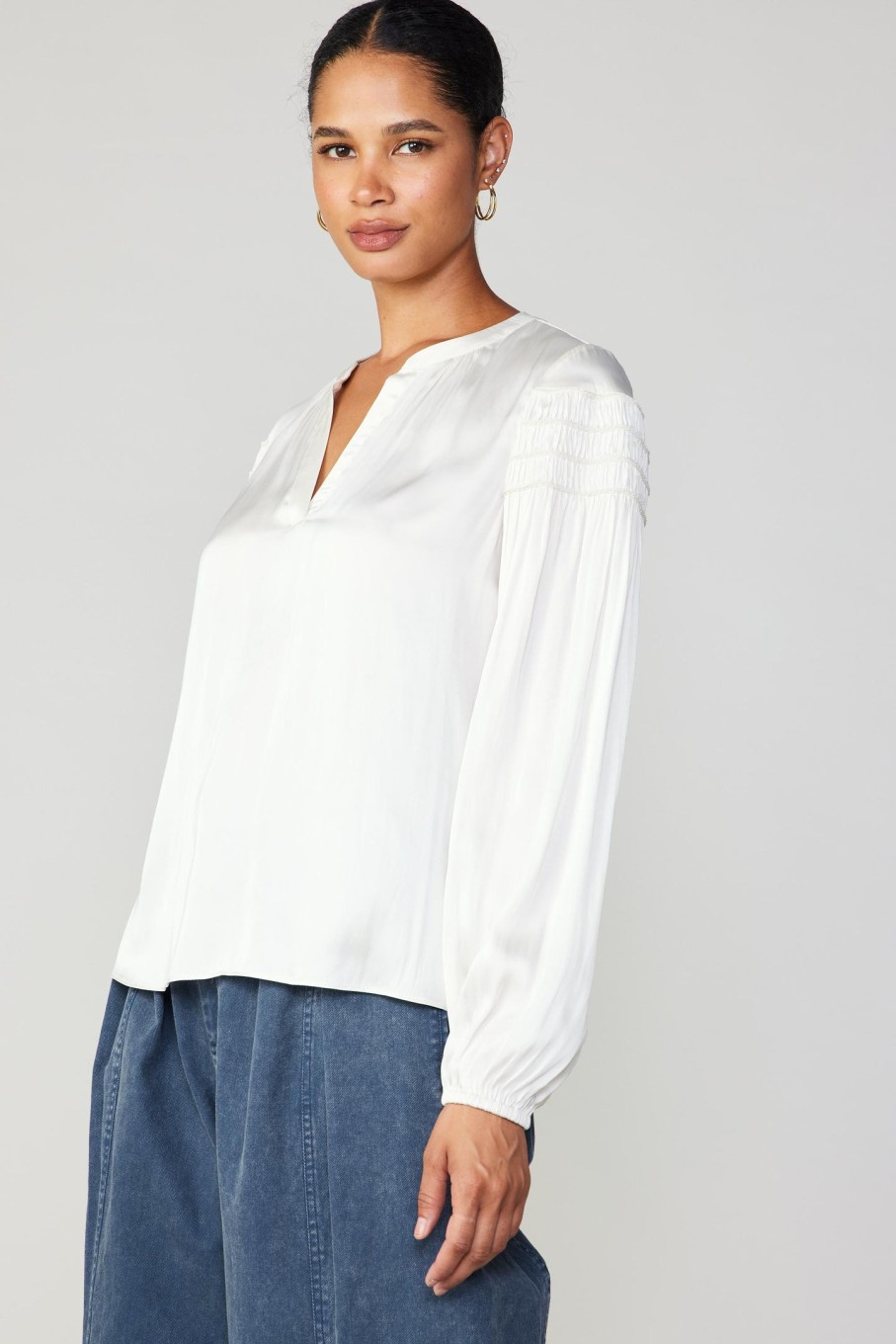 CURRENT AIR Smocked Sleeve Blouse Long Sleeve Tops