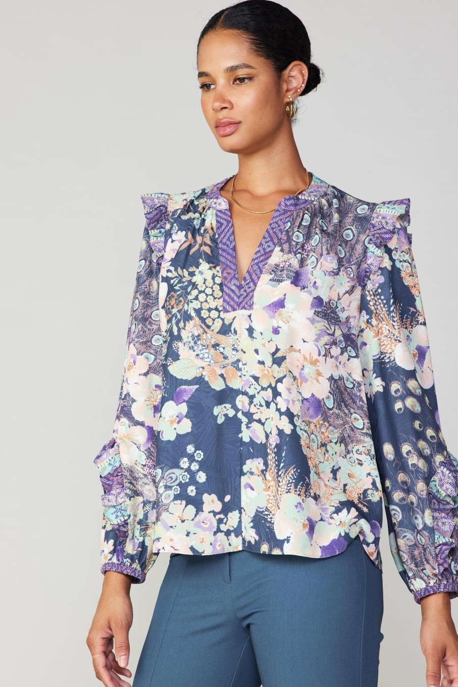 CURRENT AIR Peacock Floral Blouse Long Sleeve Tops