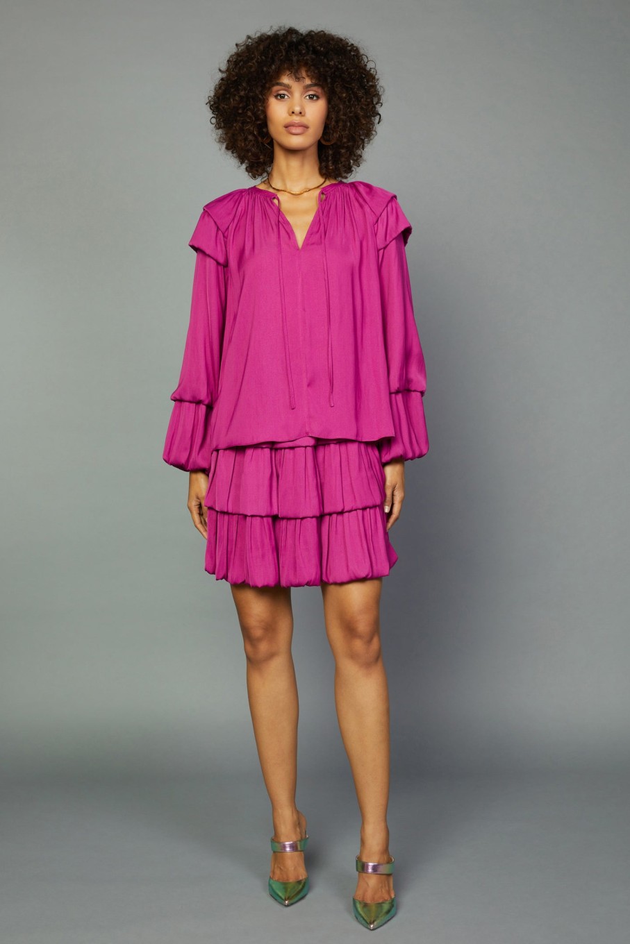 CURRENT AIR Tiered Bubble Sleeve Blouse Long Sleeve Tops