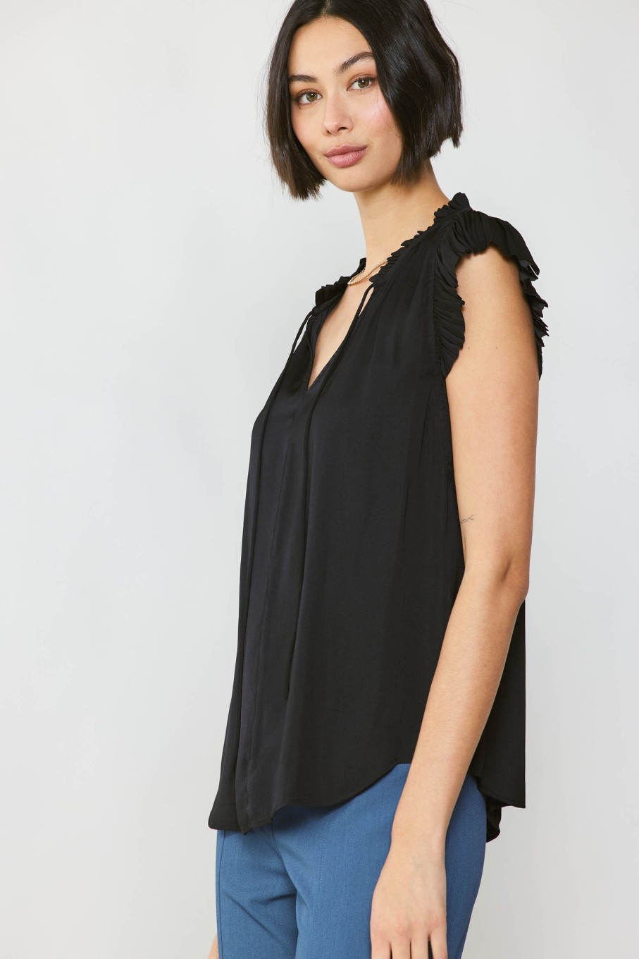 CURRENT AIR Margot Pleated Sleeve Blouse Sleeveless Tops
