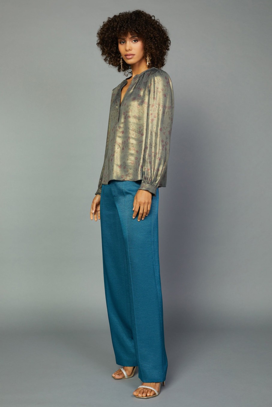 CURRENT AIR Metallic Foil Blouse Long Sleeve Tops