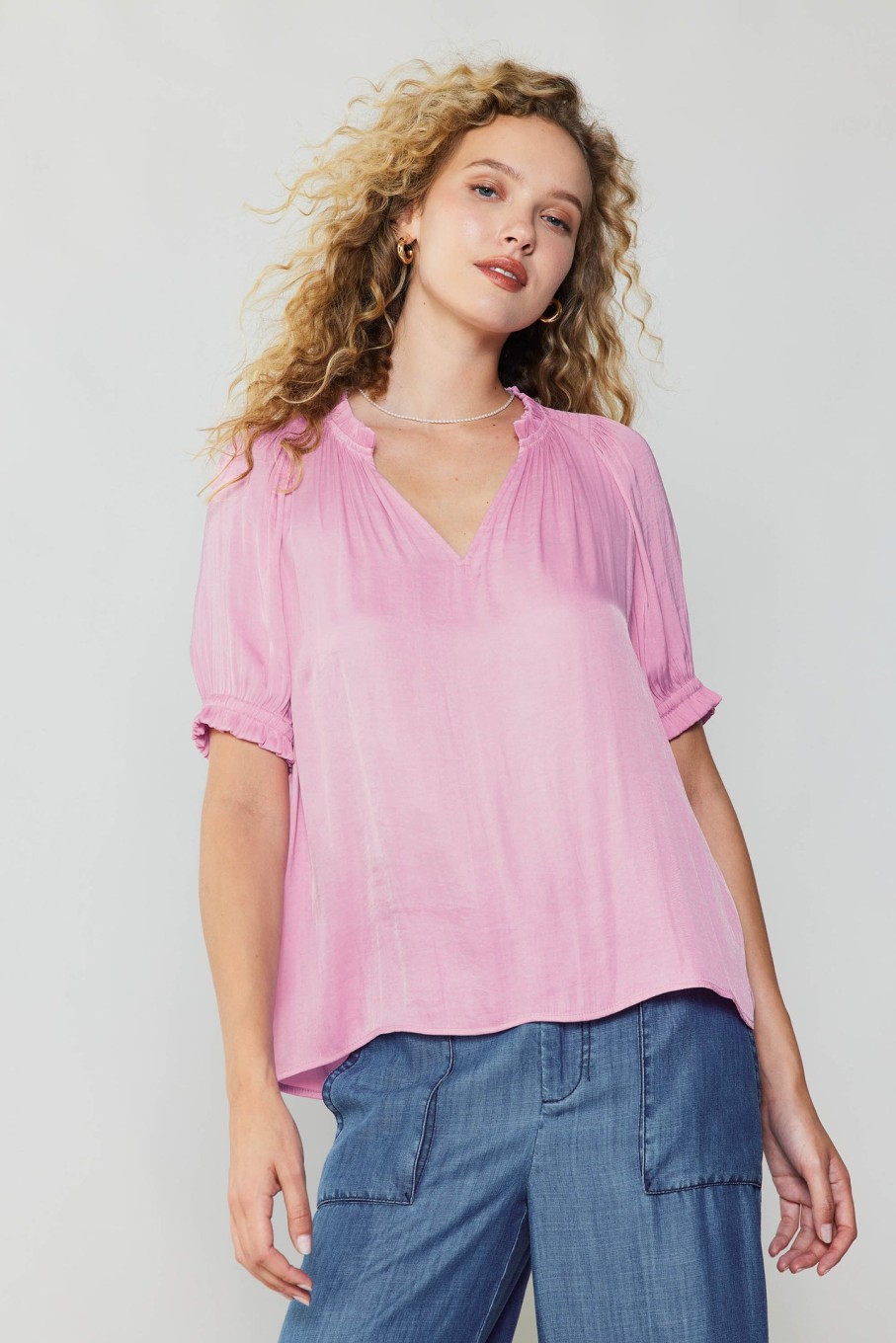 CURRENT AIR Ruffled Cuff Blouse Short Sleeve Tops