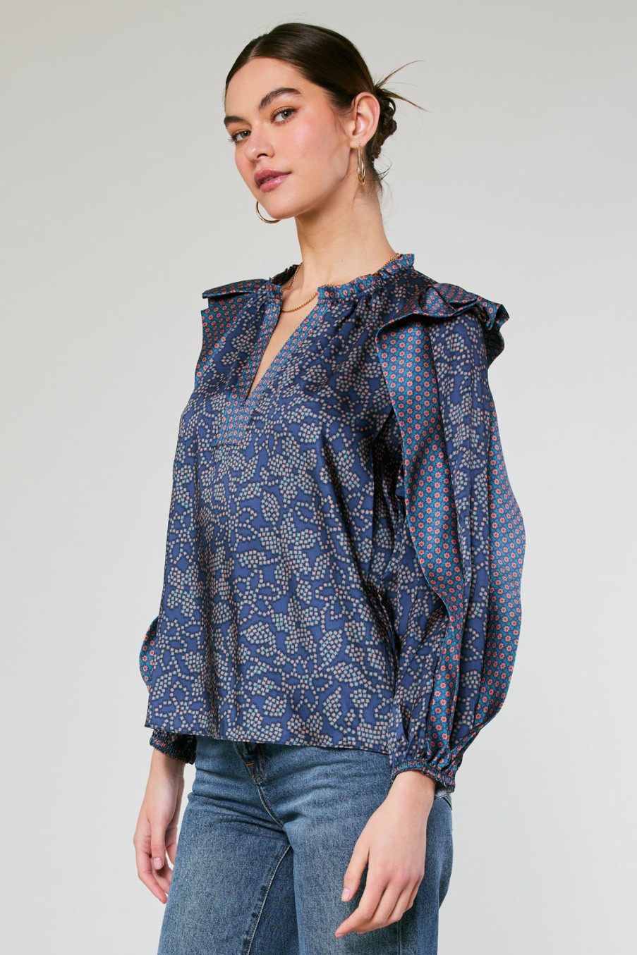 CURRENT AIR Floral Constellation Blouse Long Sleeve Tops