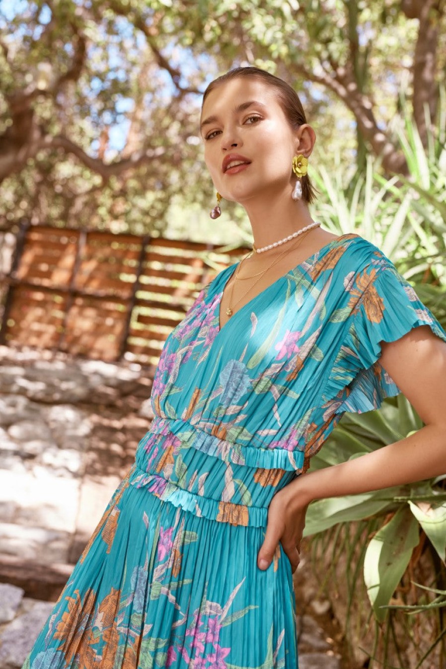 CURRENT AIR Sereia Botanical Motif Midi Dress Midi Dresses