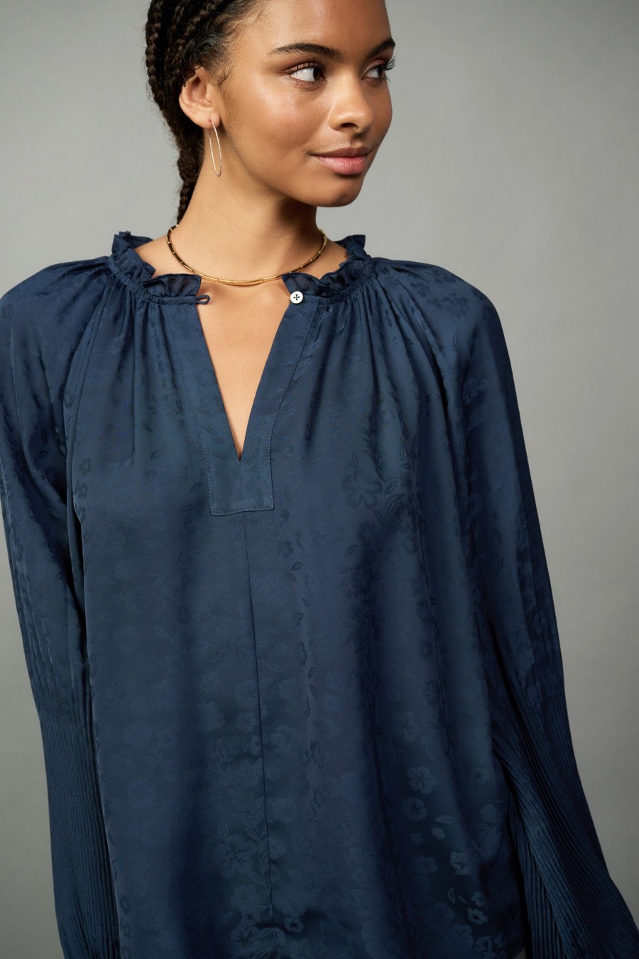 CURRENT AIR Floral Jacquard Pleated Blouse Long Sleeve Tops