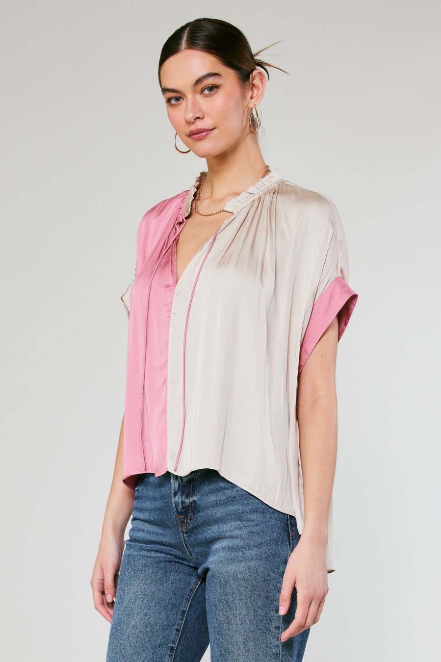 CURRENT AIR Colorblock Contrast Top Short Sleeve Tops