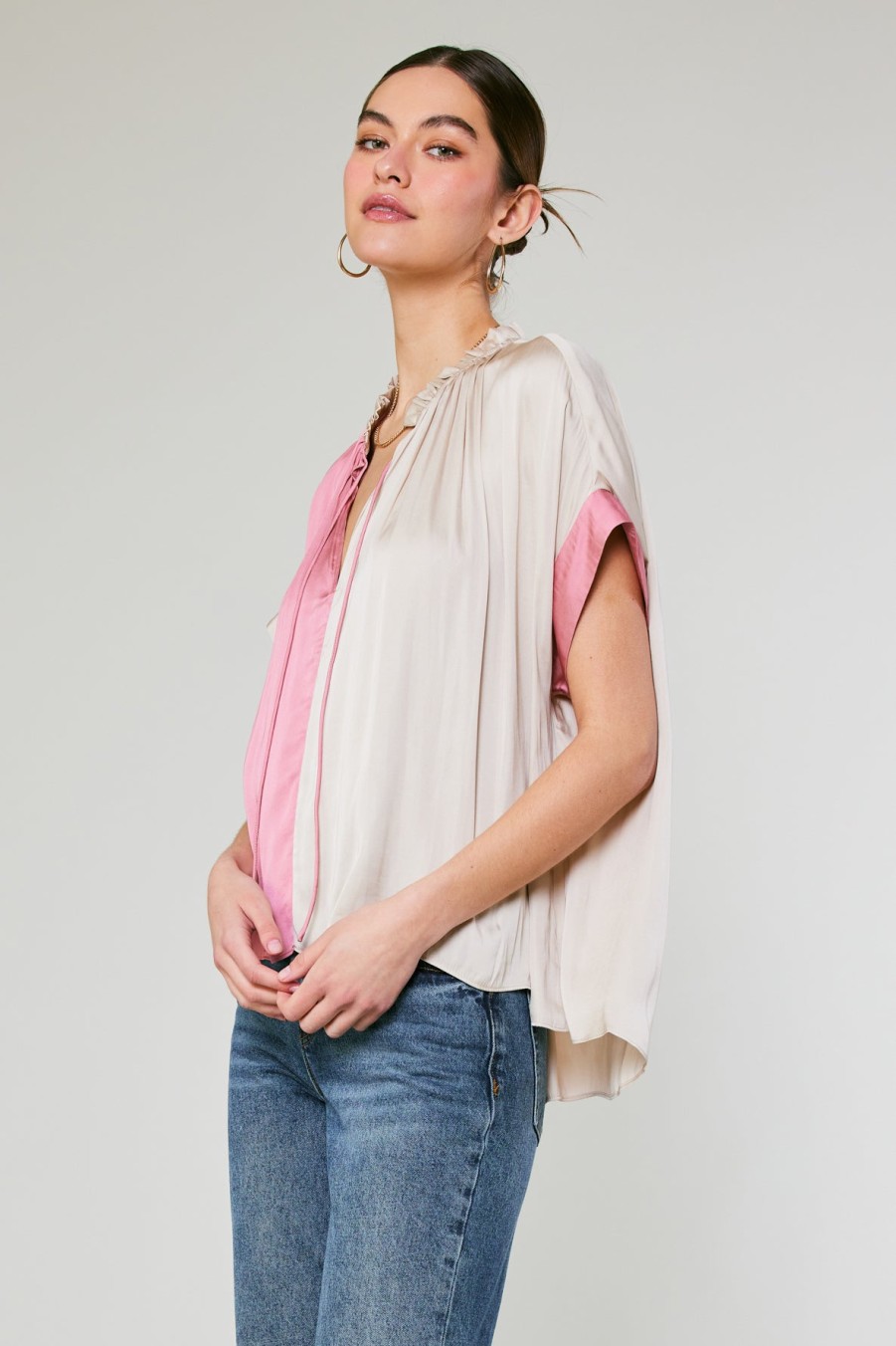 CURRENT AIR Colorblock Contrast Top Short Sleeve Tops