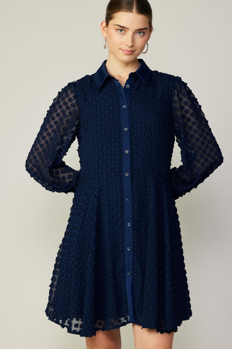 CURRENT AIR Textured Floral Jacquard Shirt Dress Mini Dresses