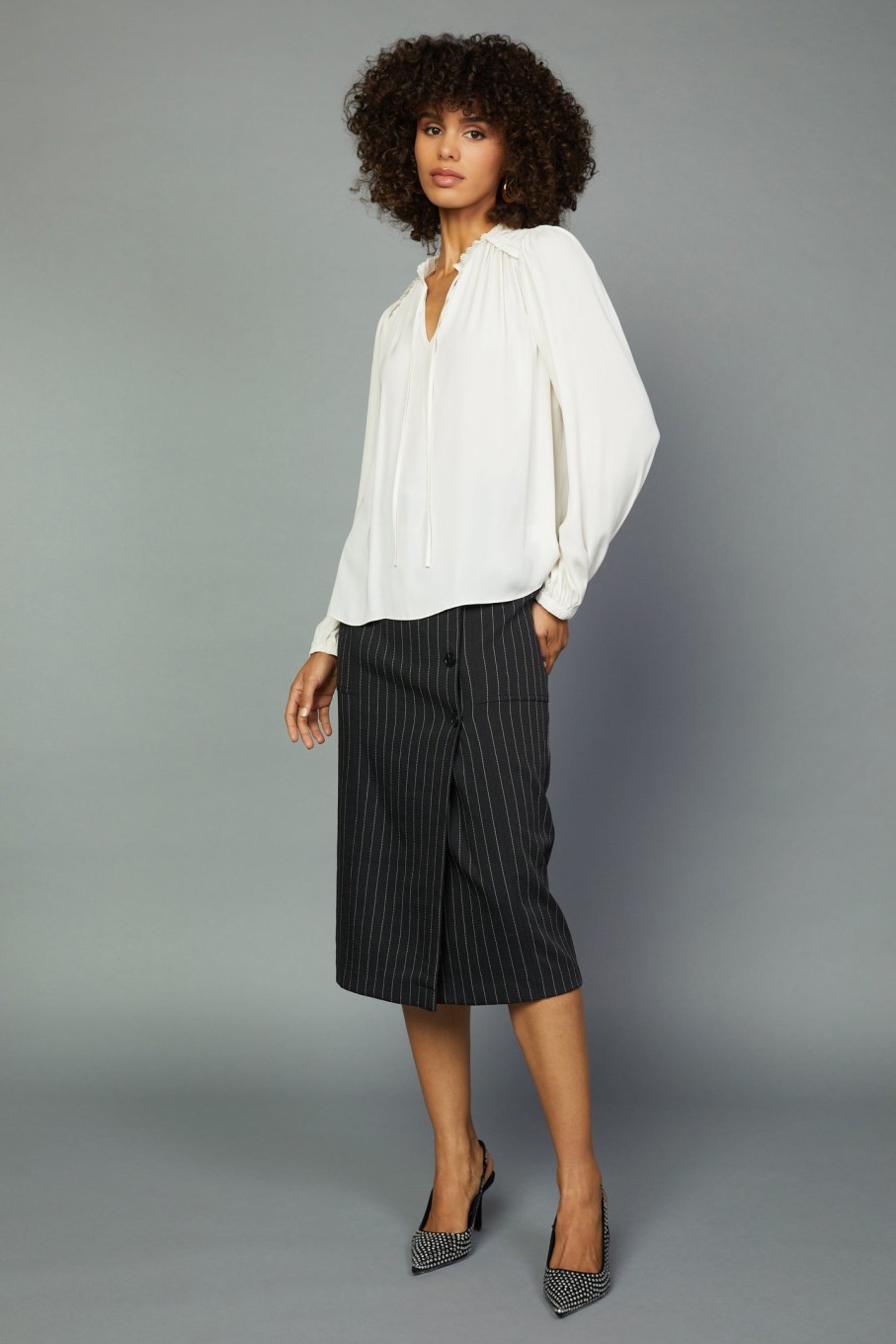 CURRENT AIR Split Neck Blouse Long Sleeve Tops