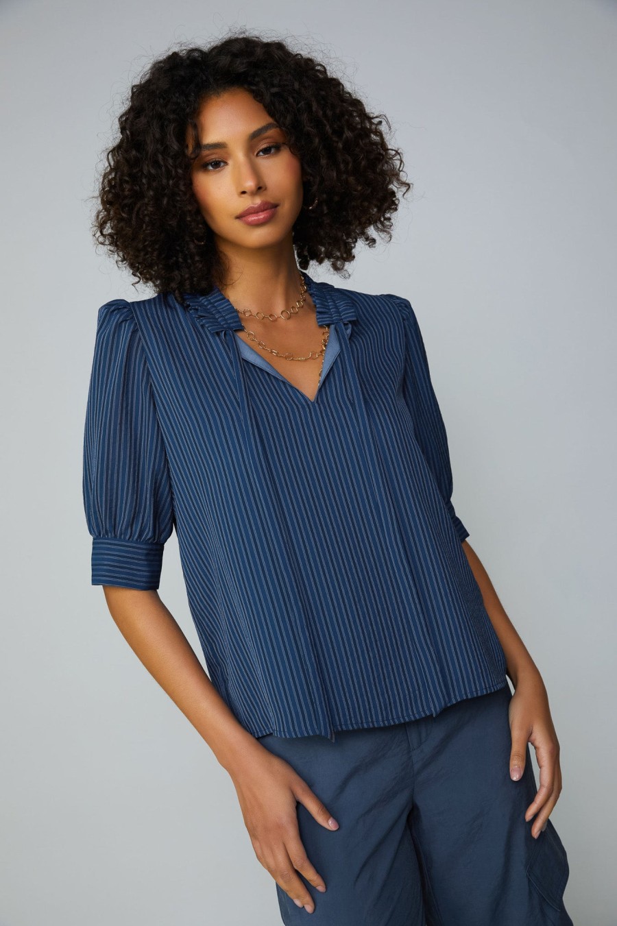 CURRENT AIR Striped Structured Sleeve Blouse Short Sleeve Tops
