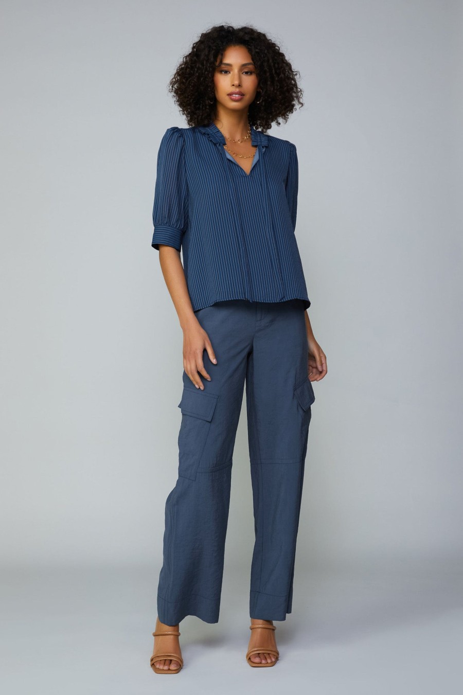 CURRENT AIR Striped Structured Sleeve Blouse Short Sleeve Tops