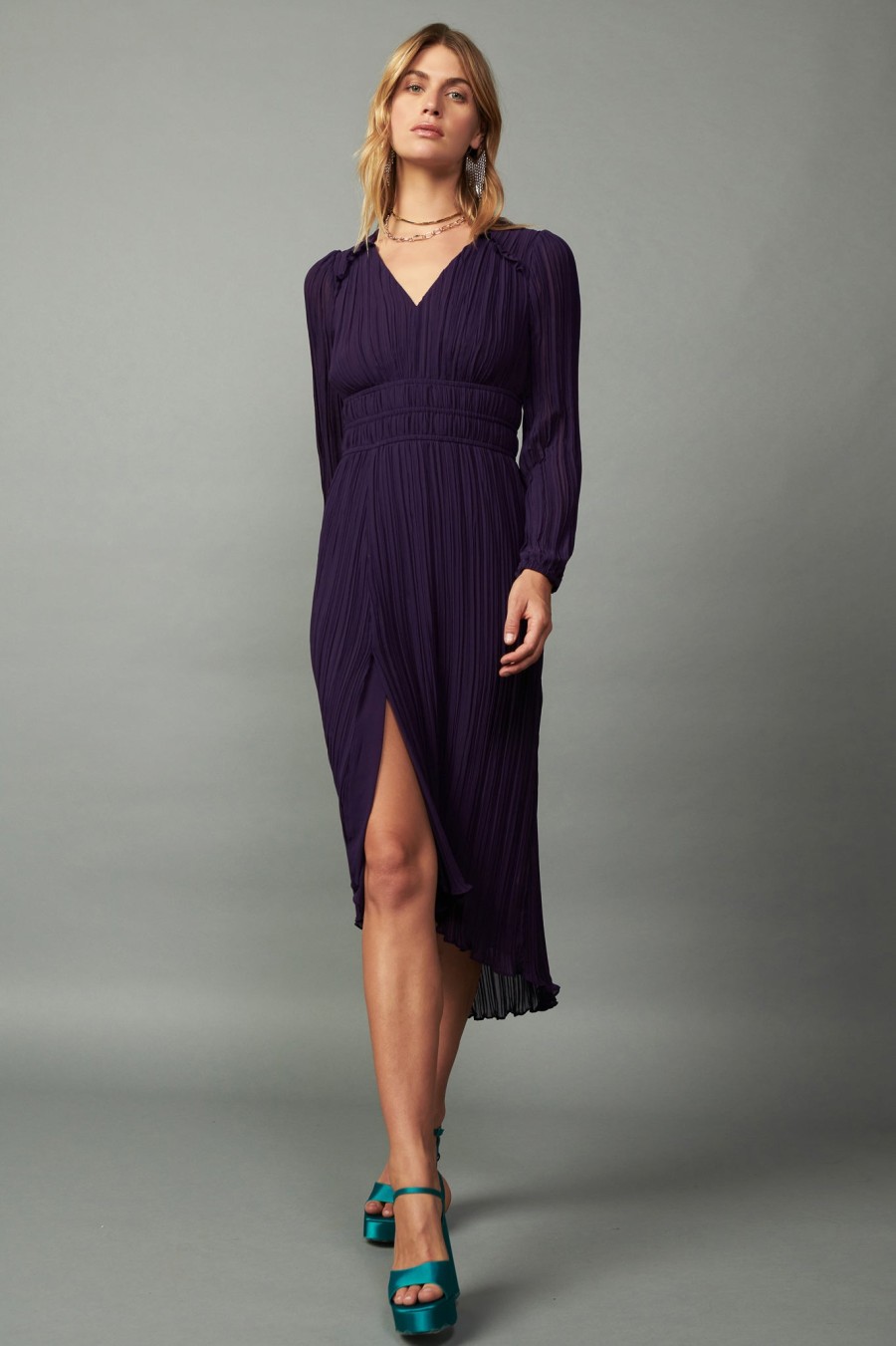 CURRENT AIR Pleated V-Neck Midi Dress Midi Dresses