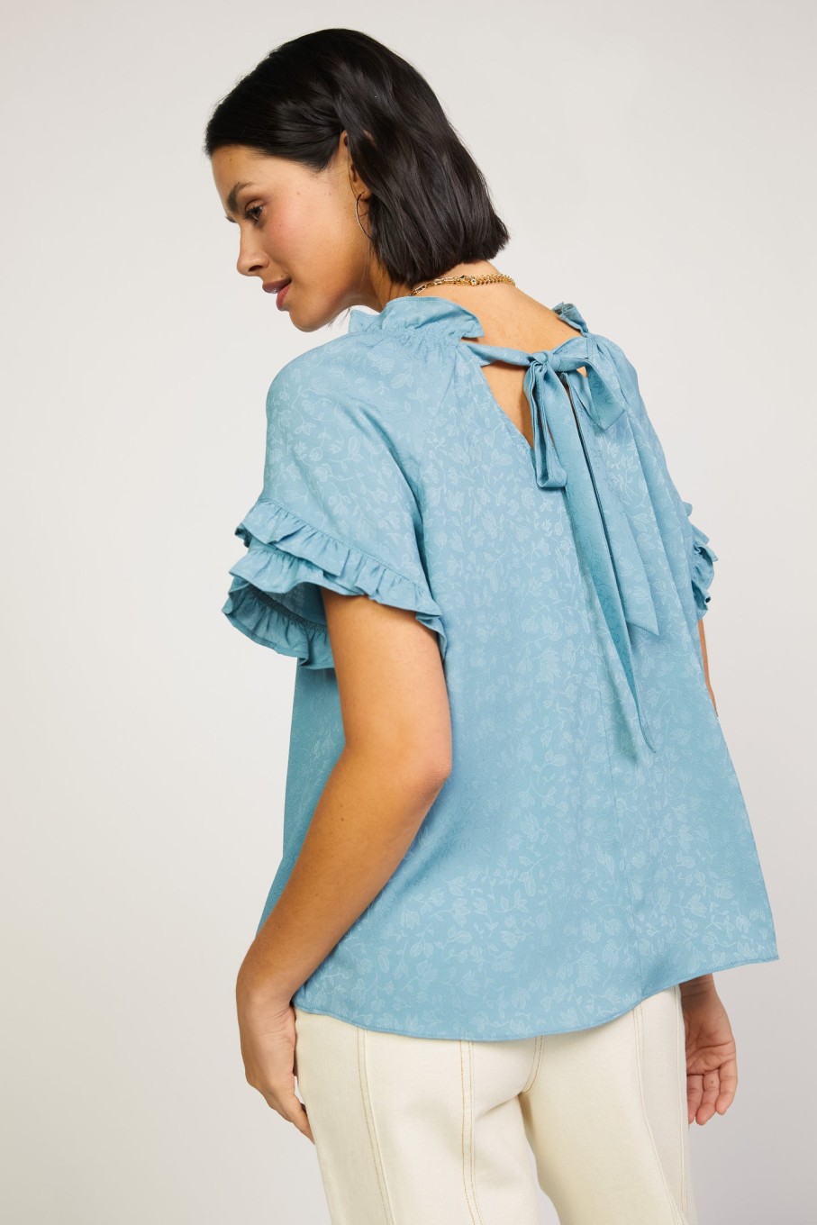 CURRENT AIR Floral Ruffled Tie Back Blouse Short Sleeve Tops