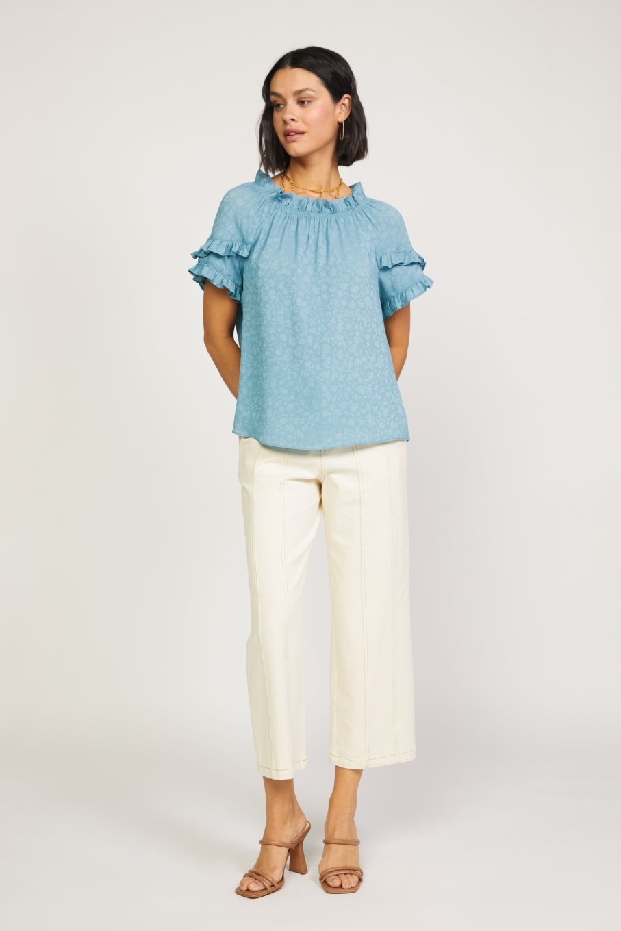 CURRENT AIR Floral Ruffled Tie Back Blouse Short Sleeve Tops