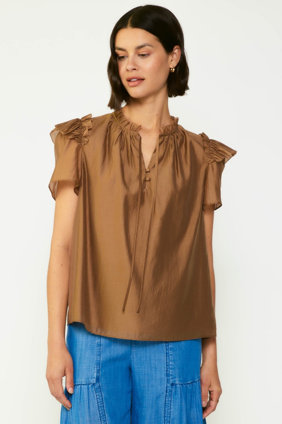 CURRENT AIR Ruffled Shoulder Blouse Short Sleeve Tops