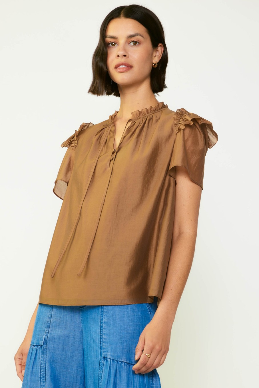 CURRENT AIR Ruffled Shoulder Blouse Short Sleeve Tops