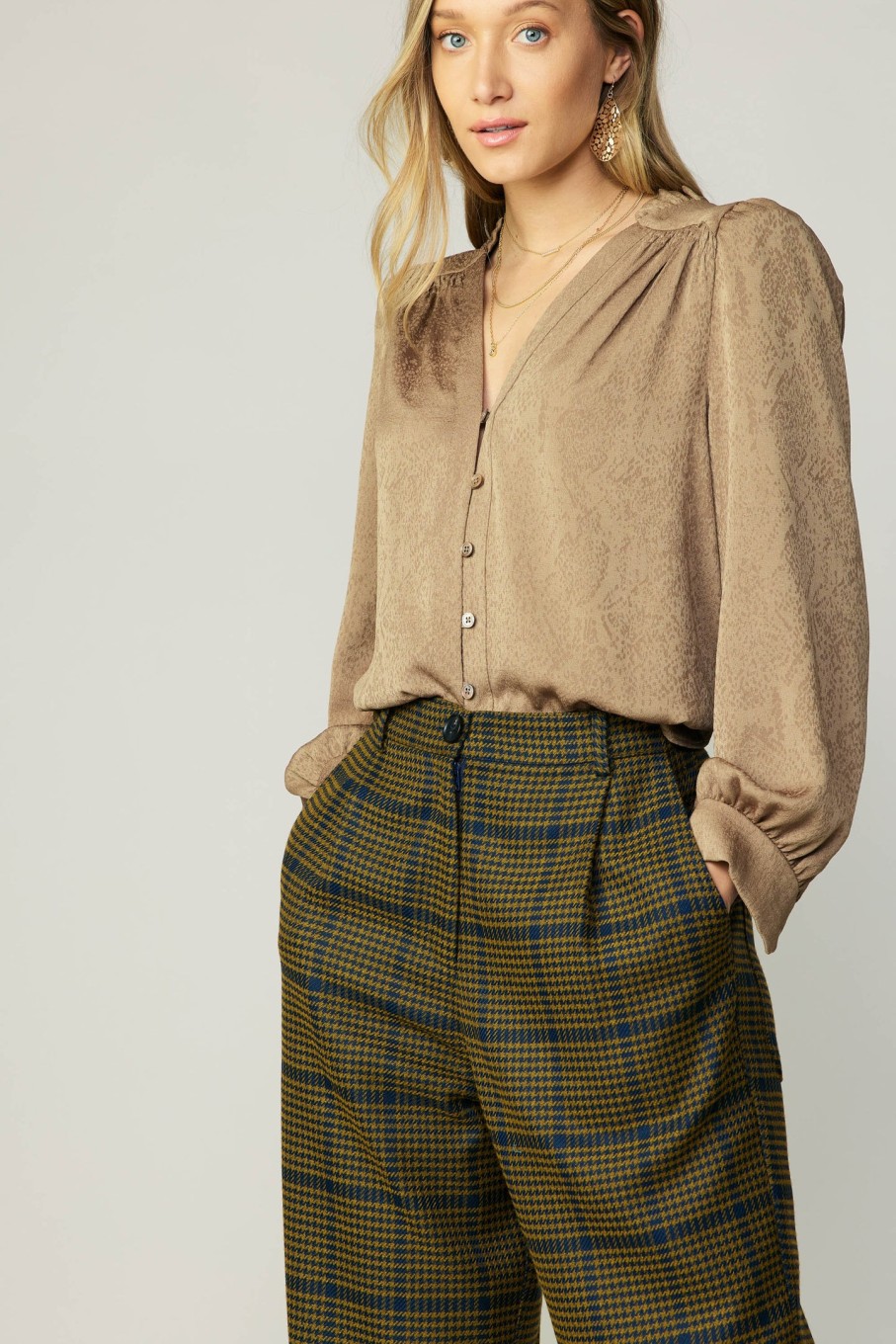 CURRENT AIR Shirred Jacquard Blouse Long Sleeve Tops