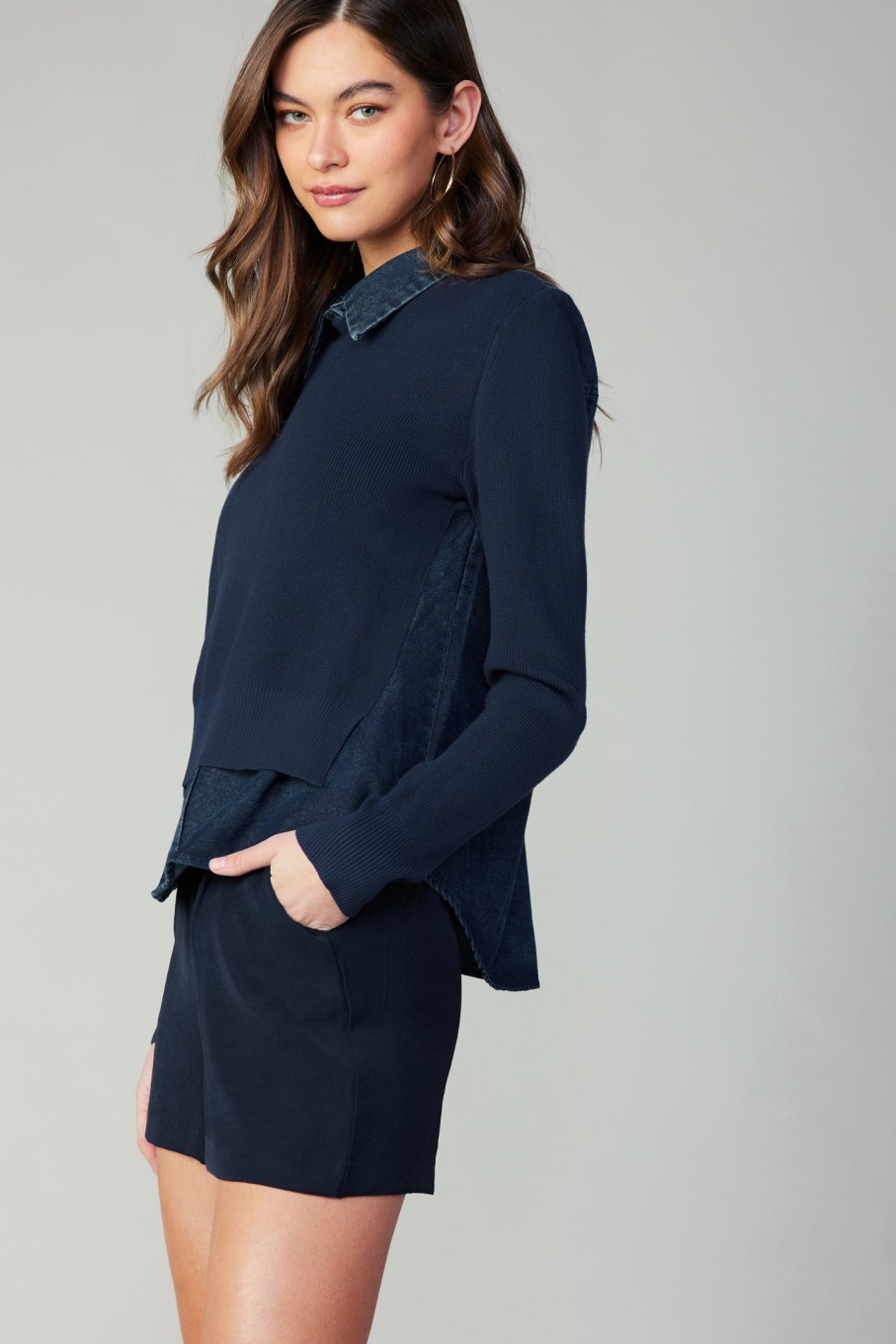 CURRENT AIR Denim Layered Sweater Top Long Sleeve Tops