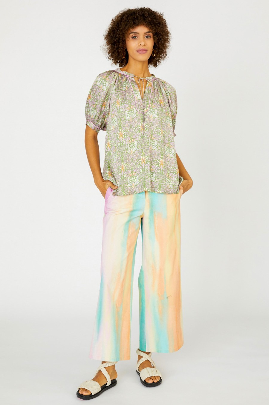 CURRENT AIR Floral Nouveau Split Neck Blouse Short Sleeve Tops