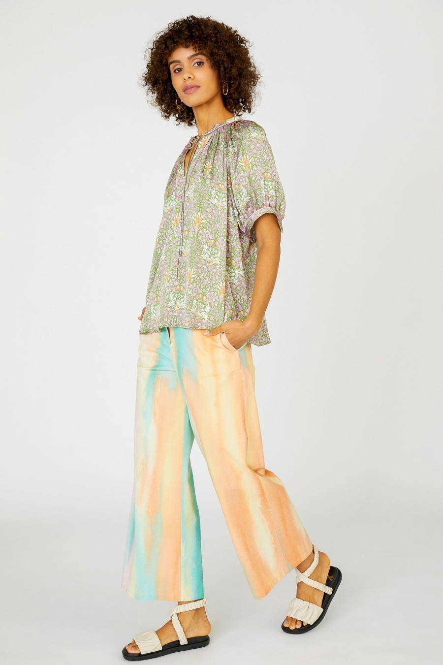 CURRENT AIR Floral Nouveau Split Neck Blouse Short Sleeve Tops