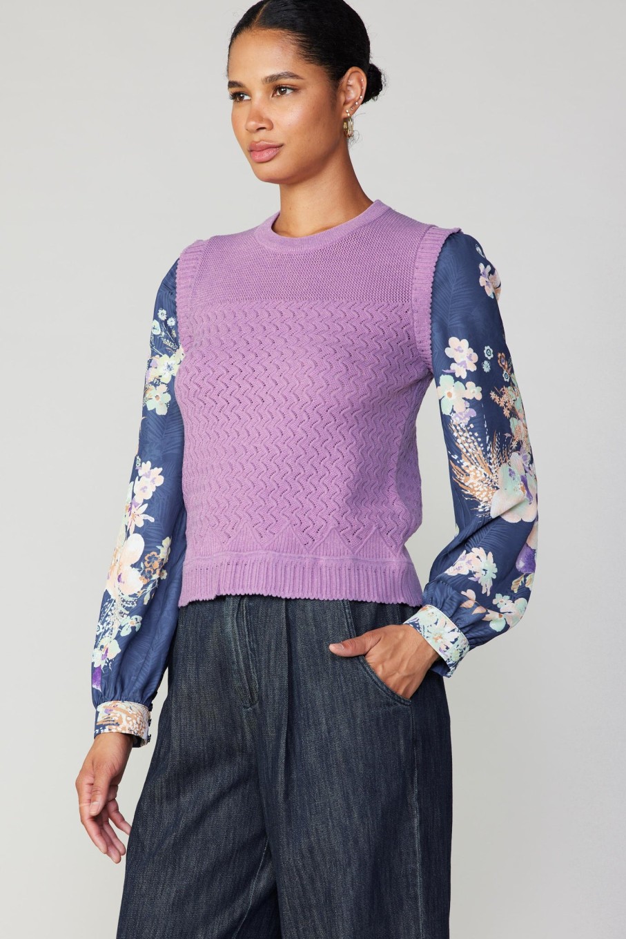 CURRENT AIR Floral Contrast Sleeve Sweater Top Long Sleeve Tops