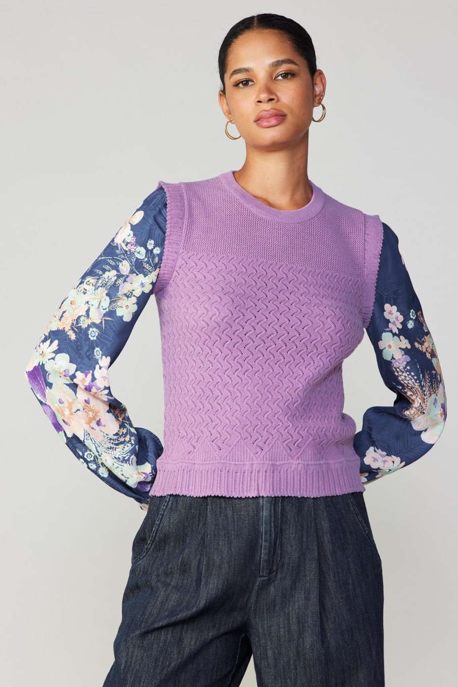 CURRENT AIR Floral Contrast Sleeve Sweater Top Long Sleeve Tops