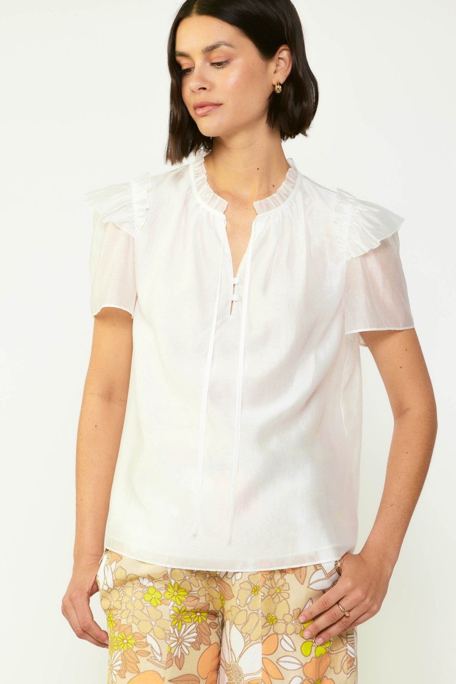 CURRENT AIR Ruffled Shoulder Blouse Short Sleeve Tops