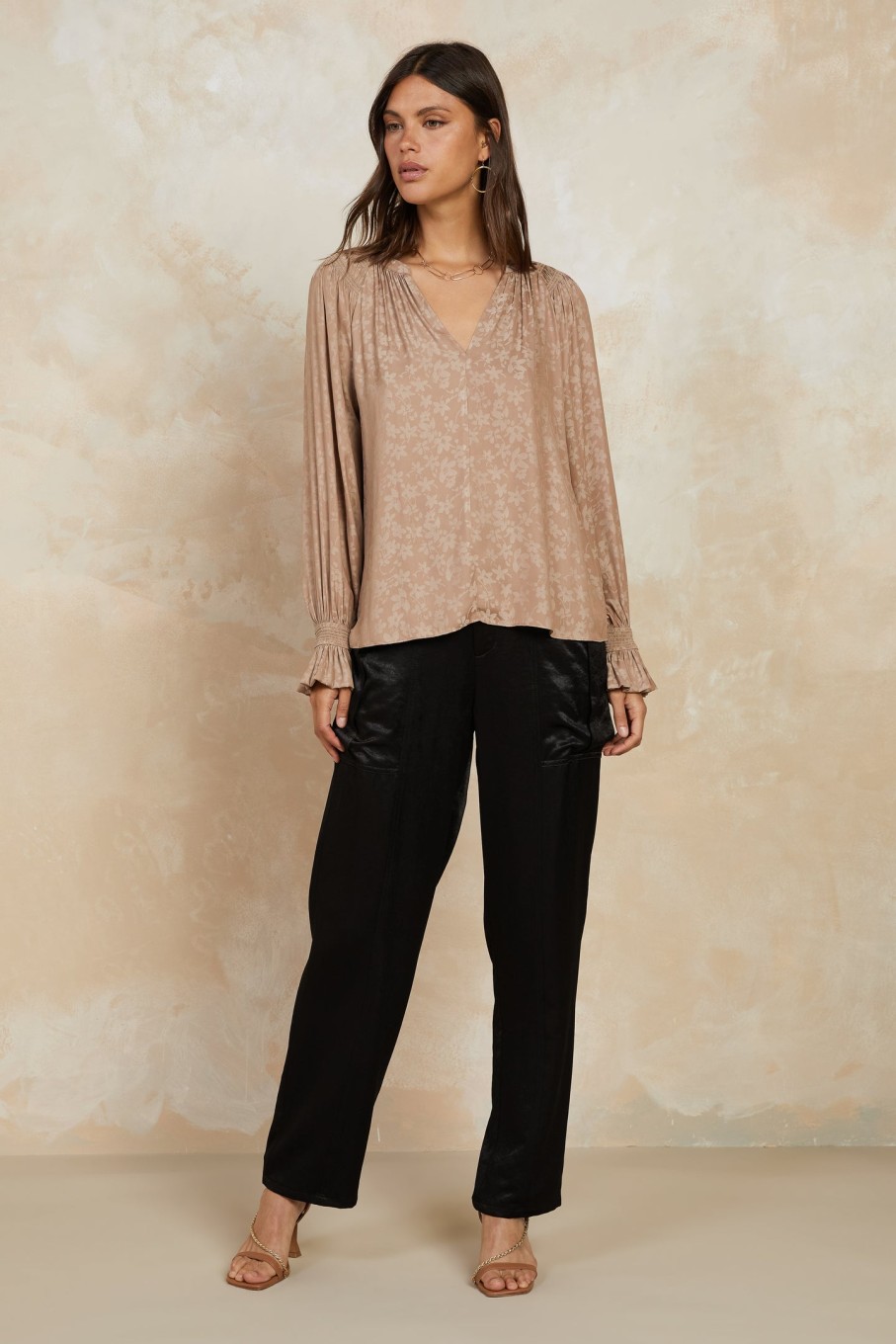 CURRENT AIR Cuffed Floral Jacquard Blouse Long Sleeve Tops
