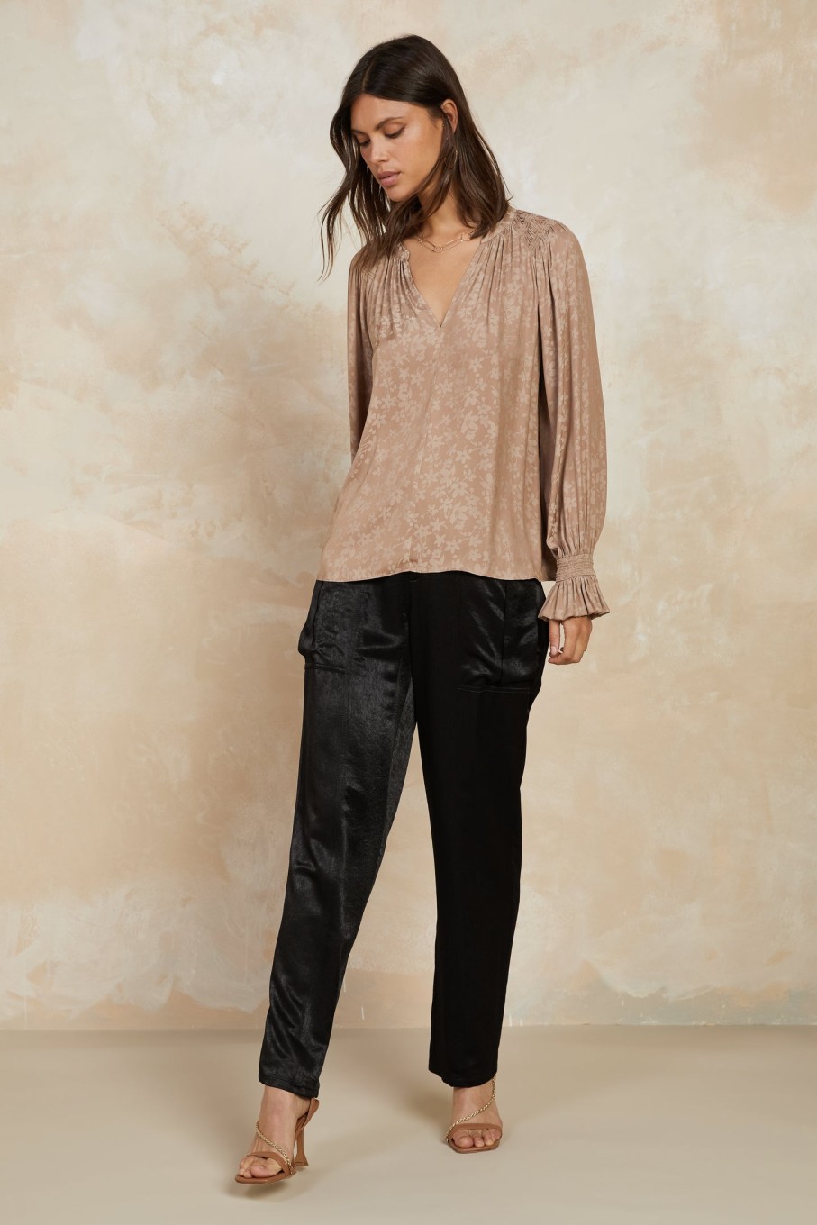 CURRENT AIR Cuffed Floral Jacquard Blouse Long Sleeve Tops