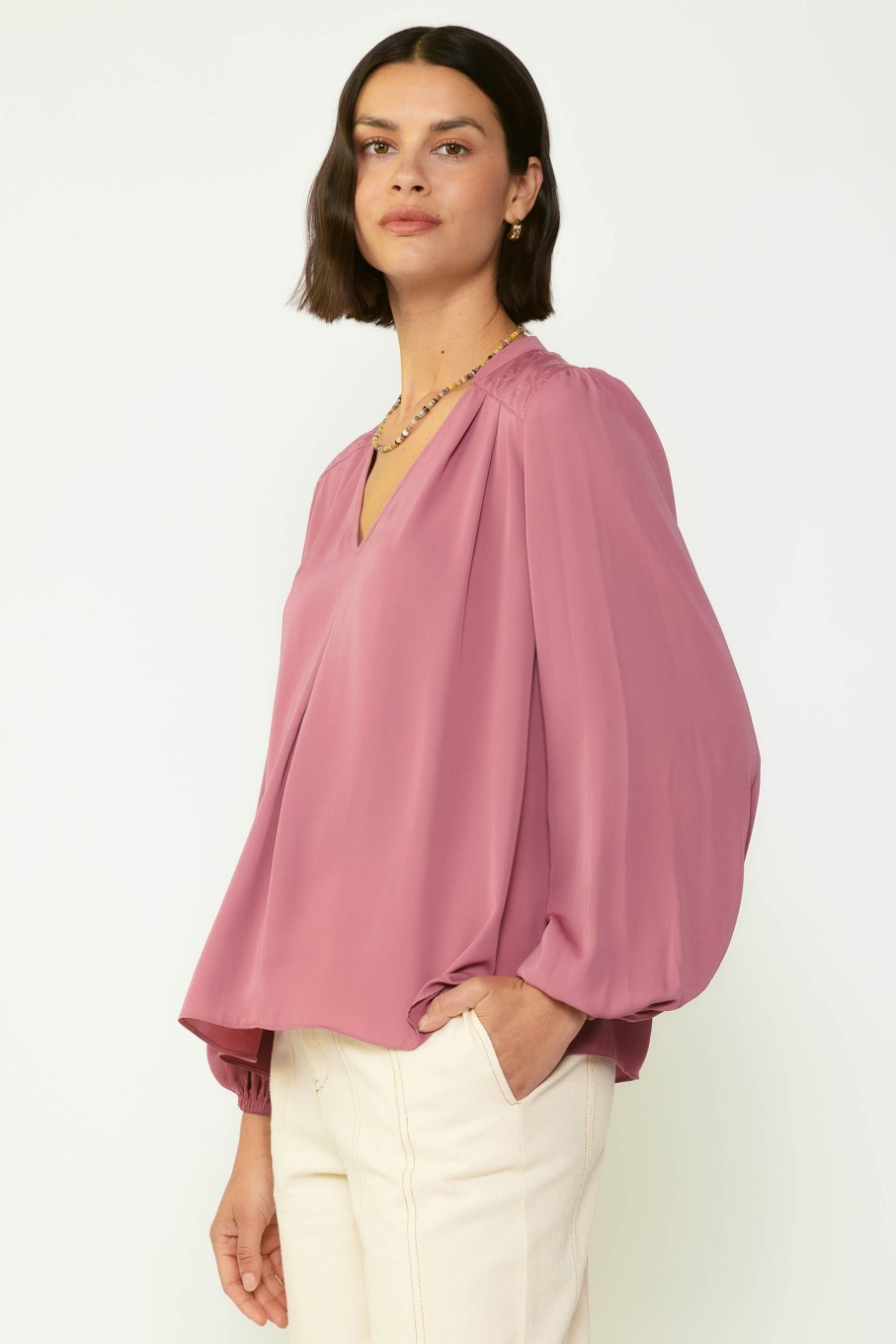 CURRENT AIR Floral Quilted Yoke Blouse Long Sleeve Tops