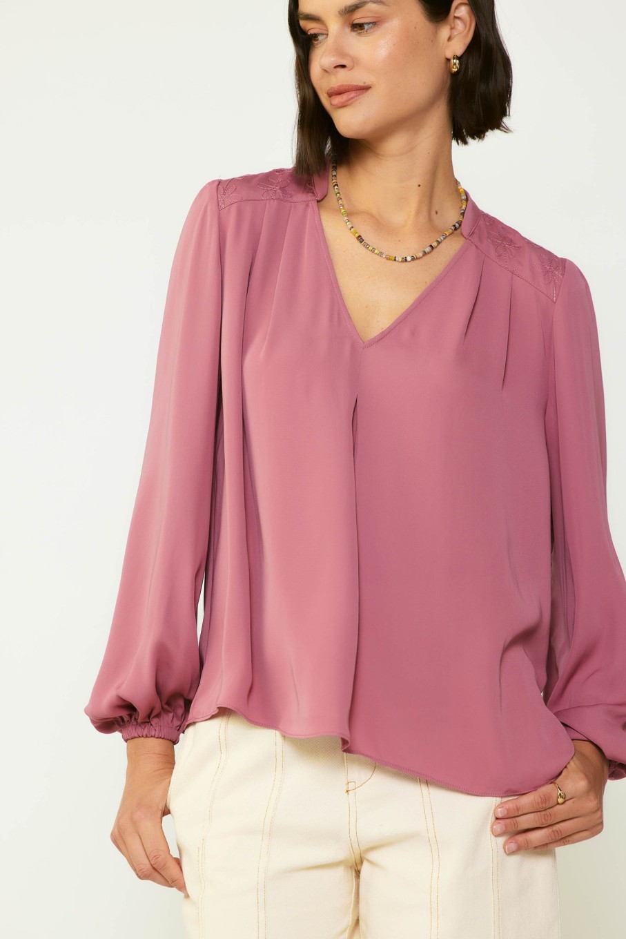 CURRENT AIR Floral Quilted Yoke Blouse Long Sleeve Tops