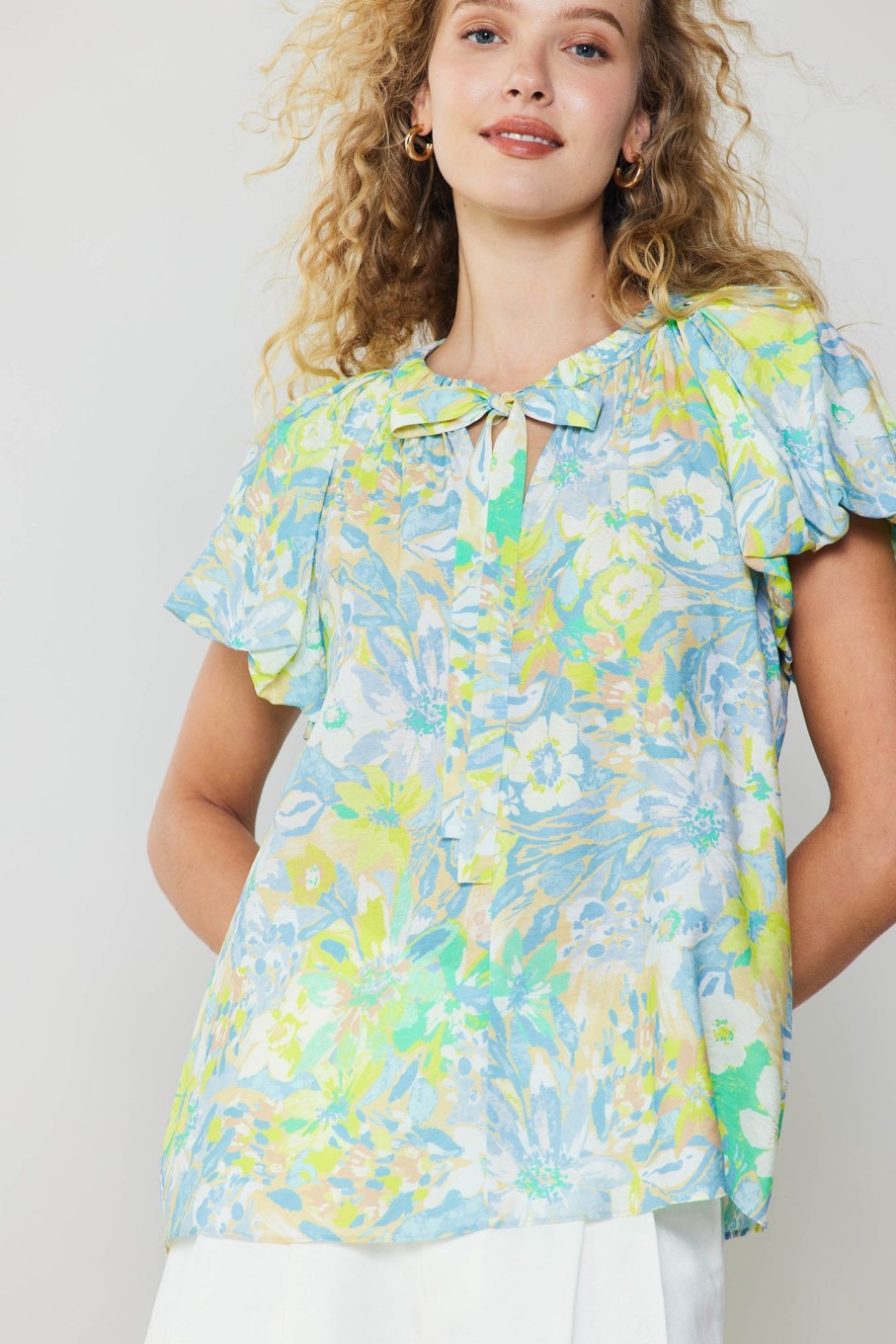 CURRENT AIR Abstract Floral Print Top Short Sleeve Tops