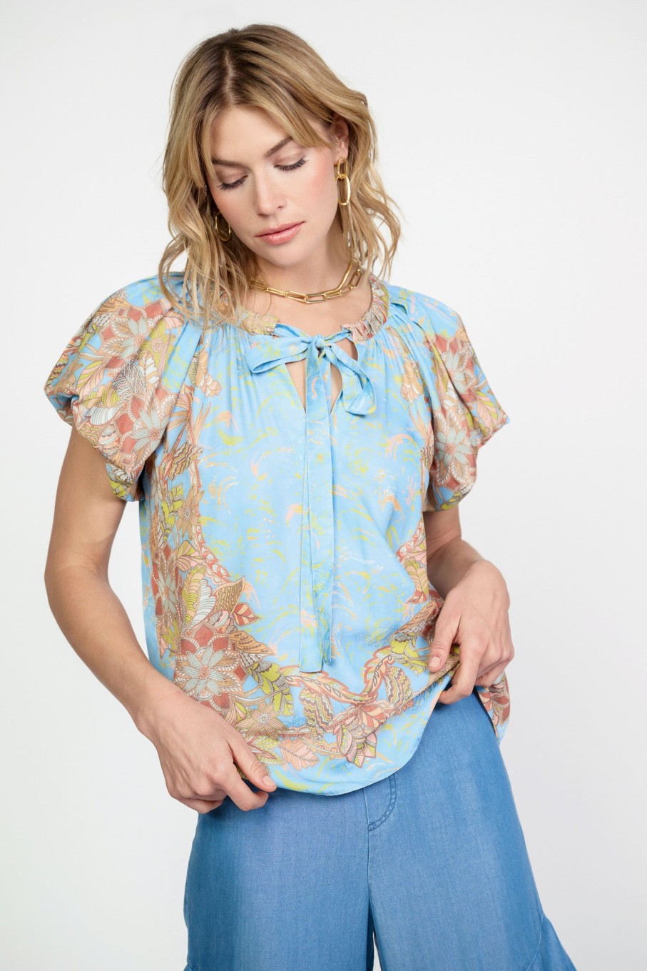 CURRENT AIR Retro Floral Bubble Sleeve Top Short Sleeve Tops