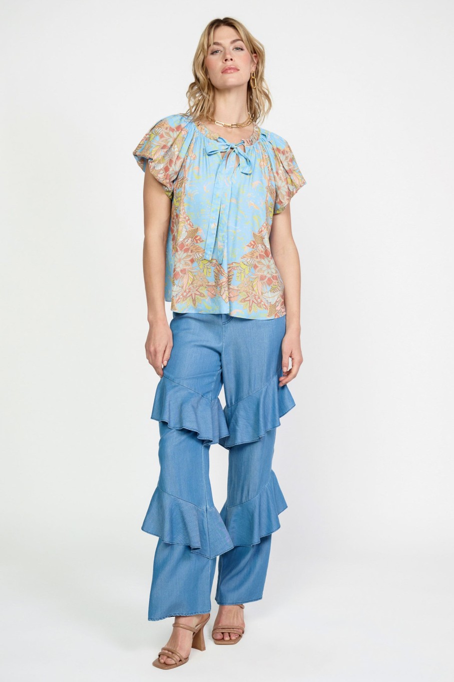 CURRENT AIR Retro Floral Bubble Sleeve Top Short Sleeve Tops