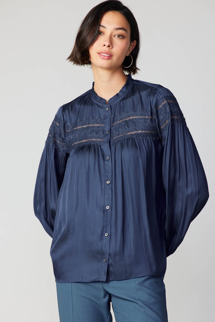 CURRENT AIR Yoke Lace Blouse Long Sleeve Tops