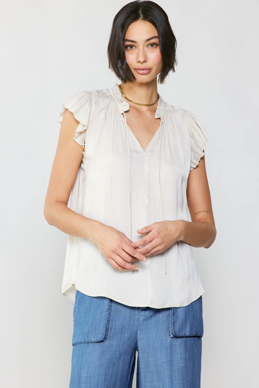 CURRENT AIR Margot Pleated Sleeve Blouse Sleeveless Tops