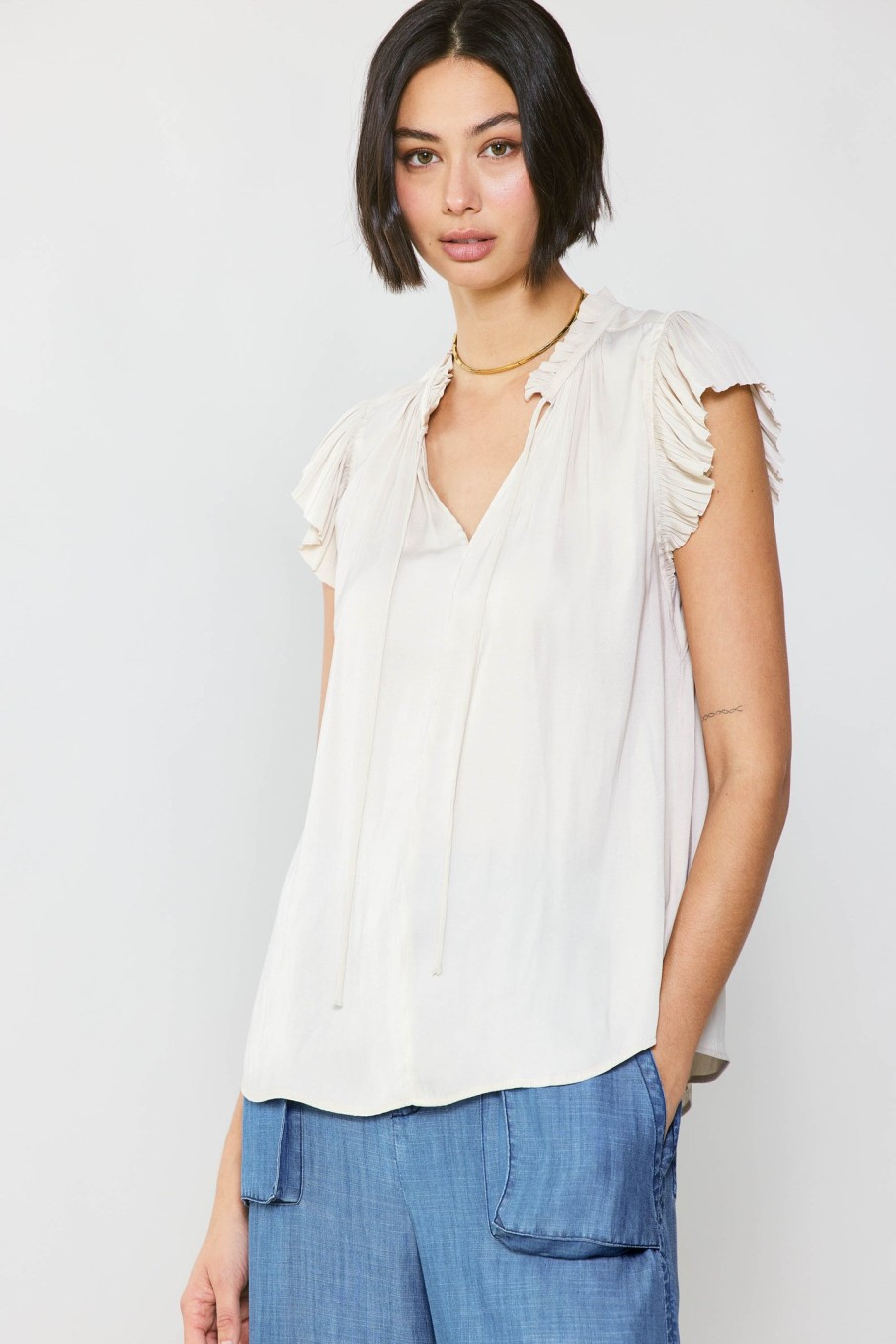 CURRENT AIR Margot Pleated Sleeve Blouse Sleeveless Tops