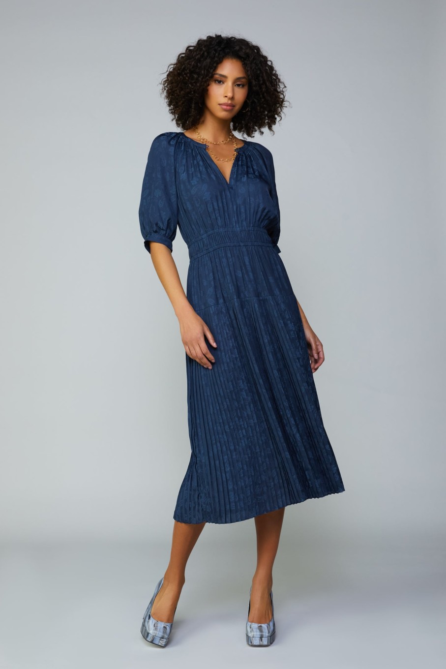 CURRENT AIR Pleated Skirt Jacquard Midi Dress Midi Dresses