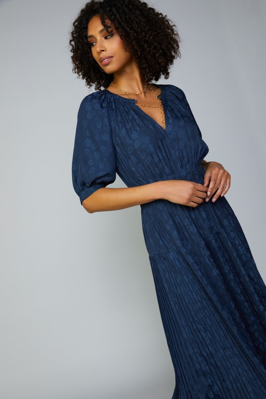 CURRENT AIR Pleated Skirt Jacquard Midi Dress Midi Dresses