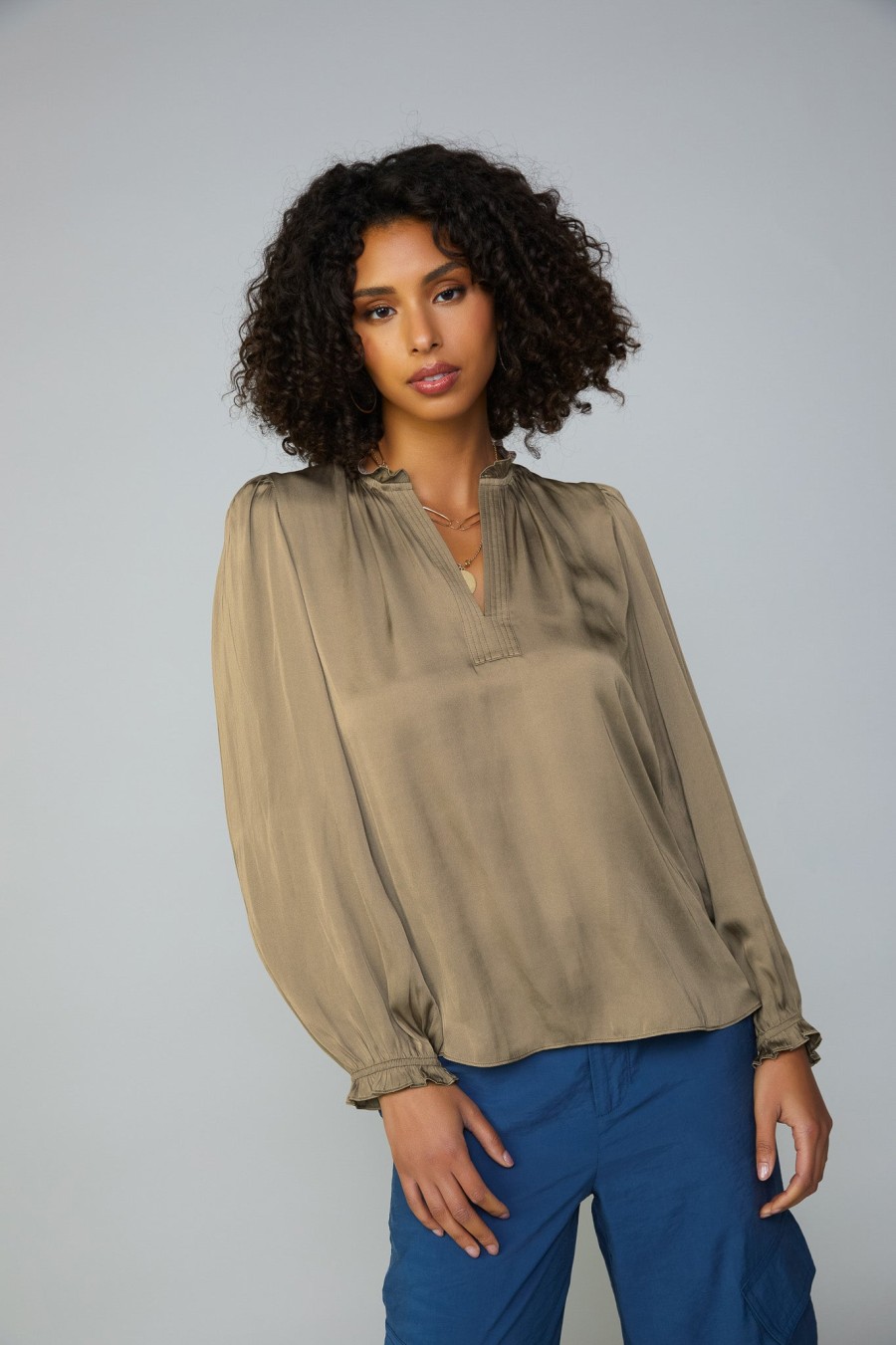 CURRENT AIR Top Stitch Placket Blouse Long Sleeve Tops