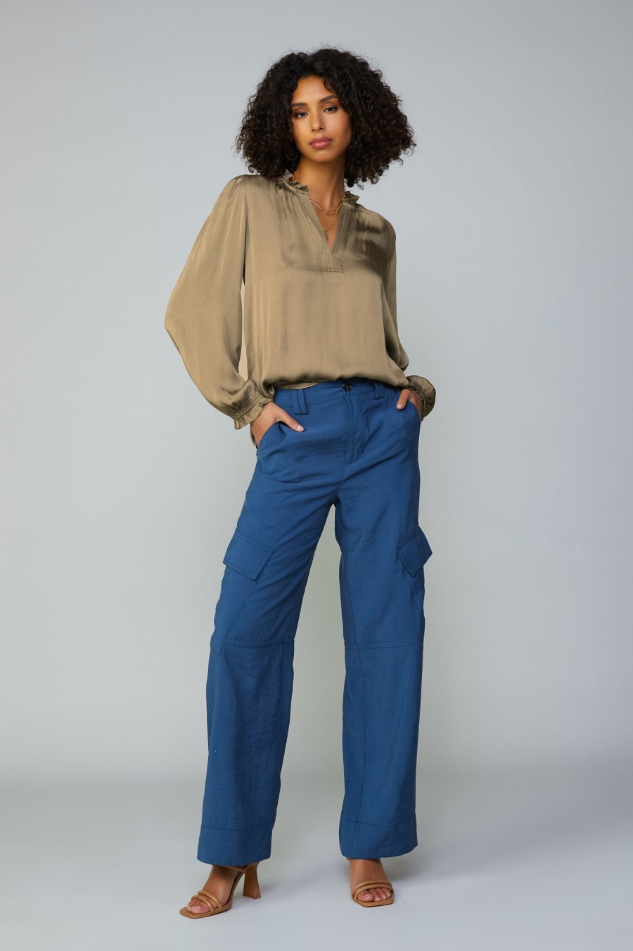 CURRENT AIR Top Stitch Placket Blouse Long Sleeve Tops