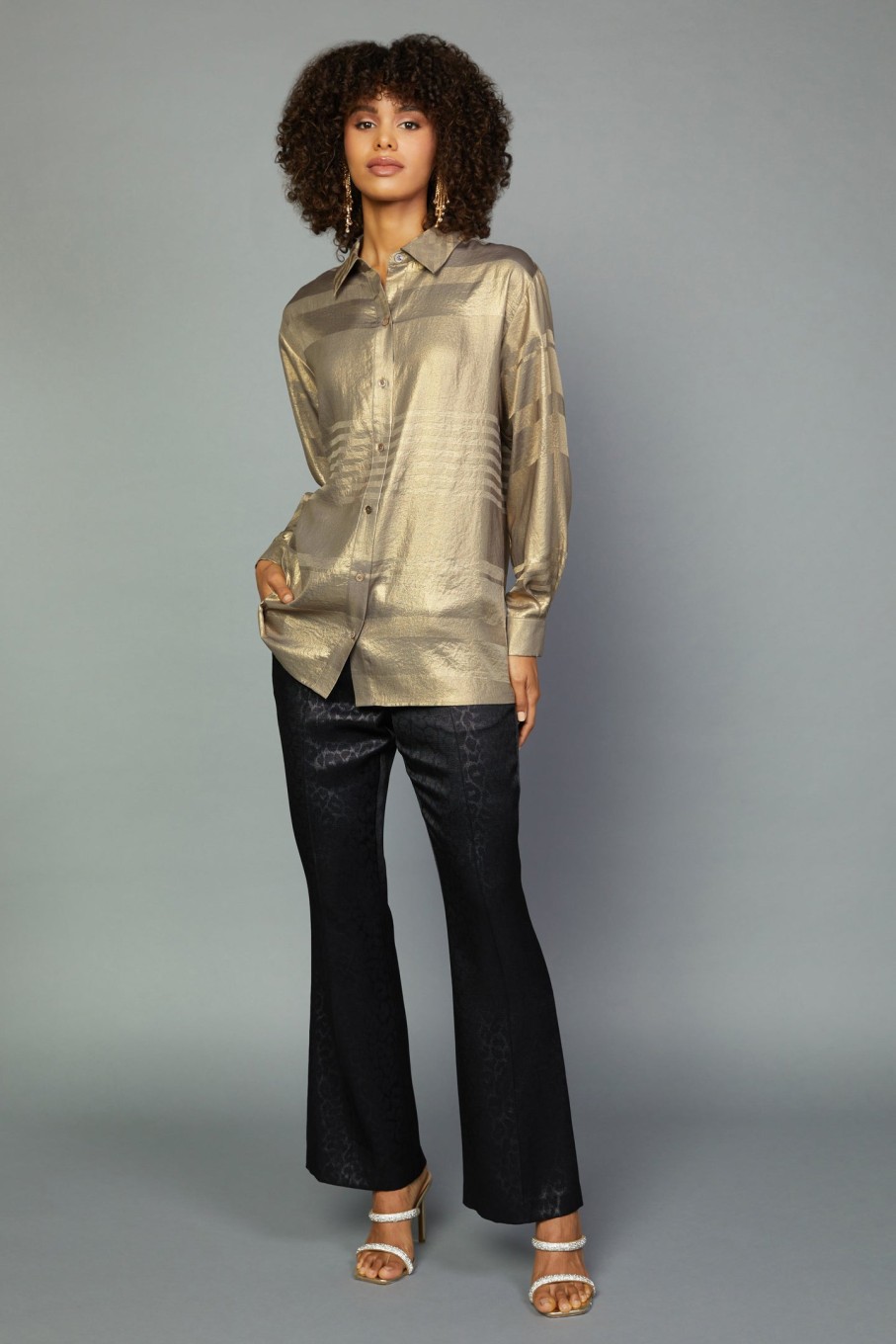 CURRENT AIR Metallic Button Down Top Blouses